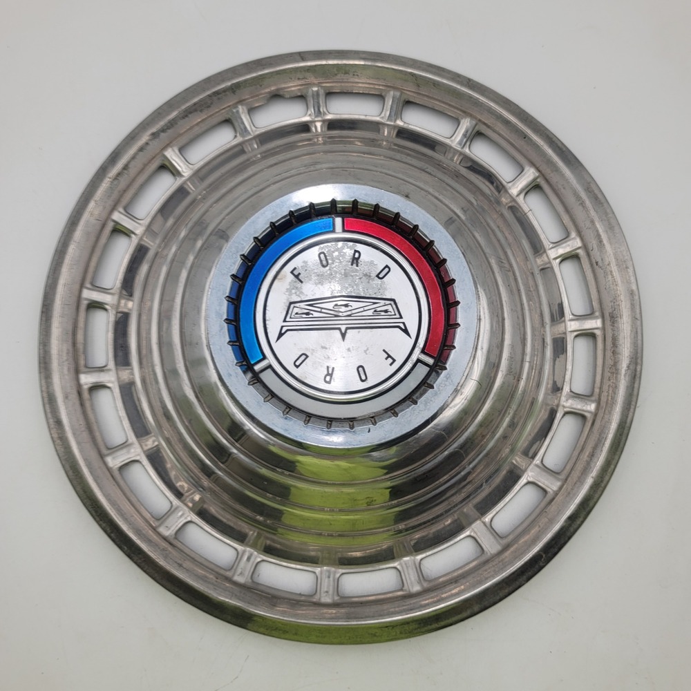 Vintage Ford Hubcap 14 Inch Wheel Cover Tri-Bar Crest Red Blue Emblem Stainless